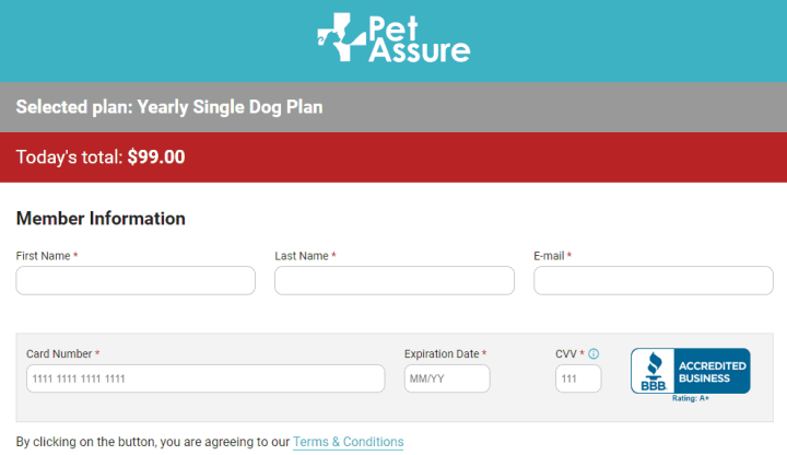 Price for single dog enrollment with Pet Assure
